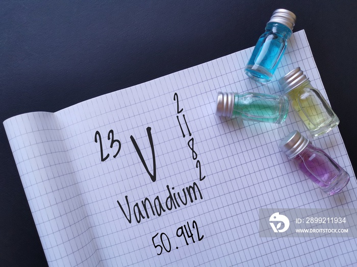 Vanadium is a chemical element of the periodic table with the symbol V and atomic number 23. The symbol V with atomic data and colored vanadium aqueous solutions in glass bottles.