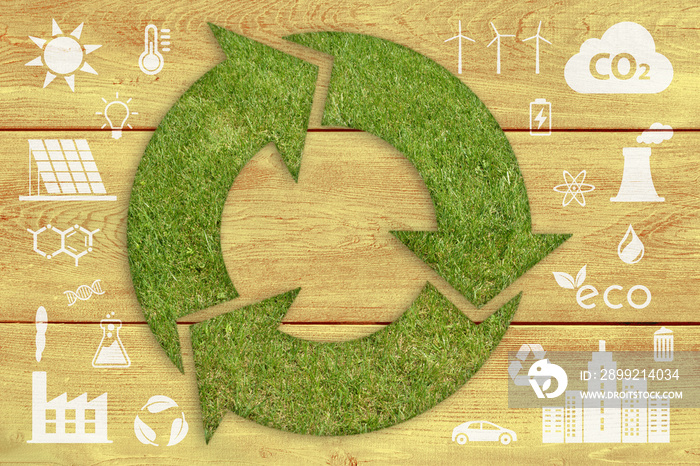 Green grass recycling symbol on wood background with ecology icons