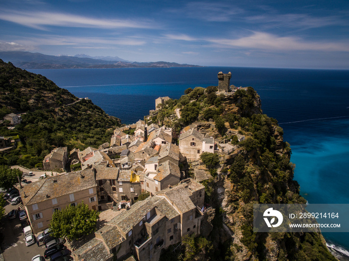 Aerial view of the beautiful village of Nonza, in Cap Corse, Corsica, France