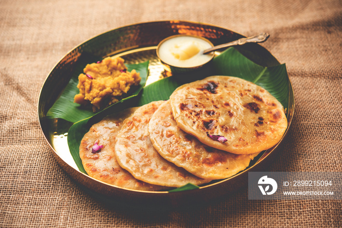 Puran poli, Puran roti, Holige, Obbattu, or Bobbattlu, is Indian sweet flatbread from Maharashtra