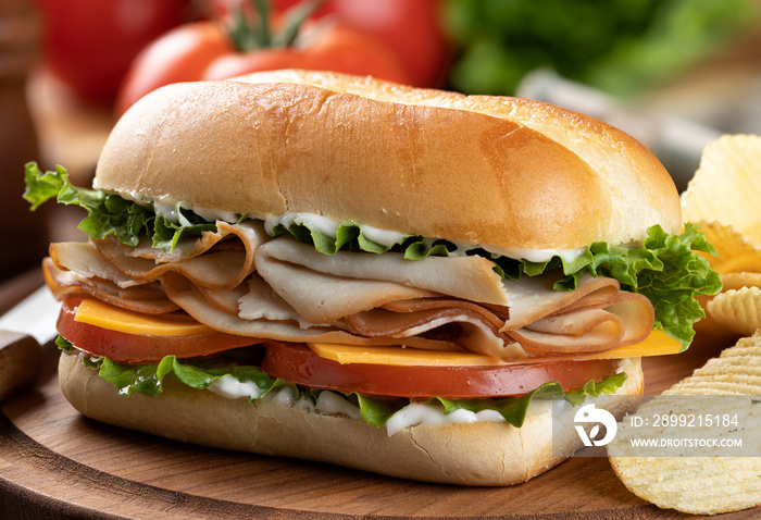 Submarine sandwich with turkey, cheese, lettuce, tomato and mayonnaise