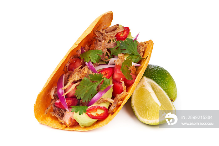 Pulled pork taco with lime on white background