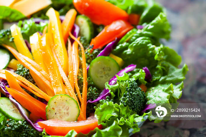 Fresh Food, salad with lettuce peppers tomato cucumber broccoli cabbage and carrots