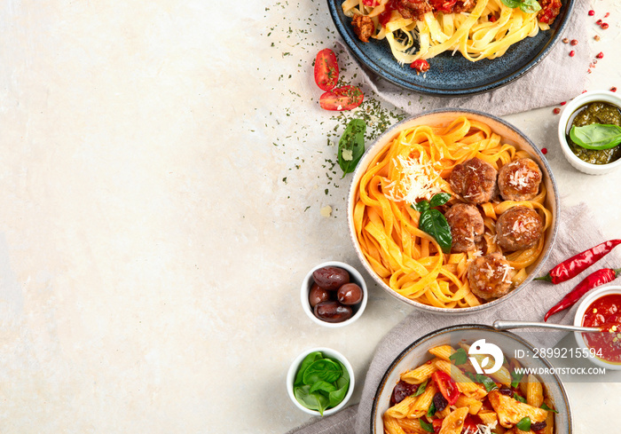 Italian pasta assortment on light background.