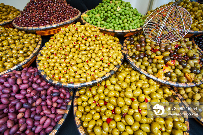 Green and black olives in the oriental market