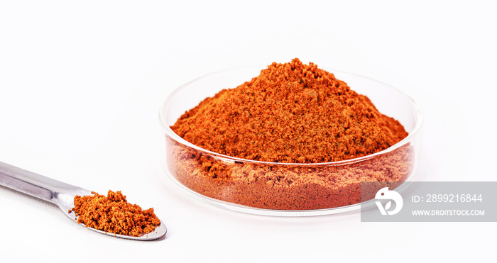 vibrant orange coloring pigment, obtained by dyes or additives, non-polymeric, isolated white background