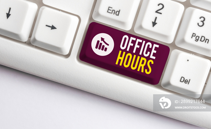 Writing note showing Office Hours. Business concept for The hours which business is normally conducted Working time White pc keyboard with note paper above the white background