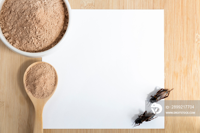 Cricket powder insect for eating and cooking food in wooden spoon and bowl with white paper mockup on wood background it is good source of protein edible for future. Entomophagy concept. Top view.