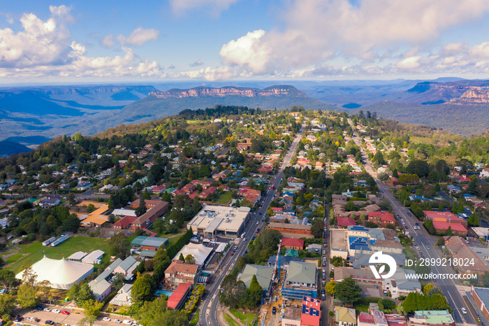 Aerial view of Katoomba and The Blue Mountains in Australia