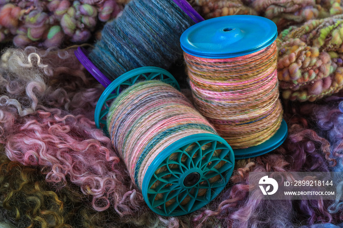 Colourful handspun yarn spindles spooles laying on a bed of sheep wool locks.