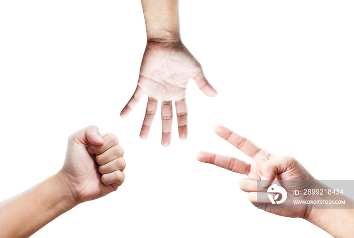 Hands sign of rock paper and scissors game on white background. Fighting and funny game for children.