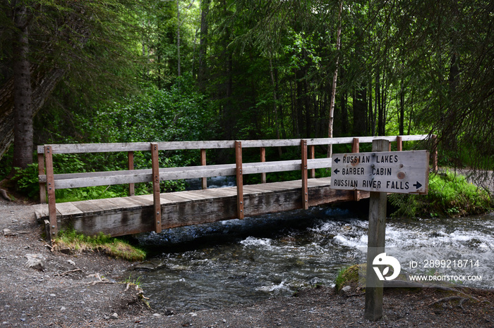 Wooden footbridge over the Russian River in the Chugach National Forest on Alaska’s Kenai Peninsula.