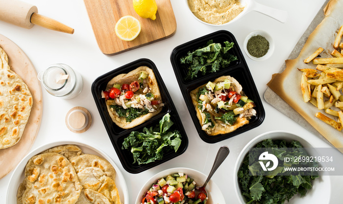 Meal Prep Food Containers with Greek Gyro on Flatbread