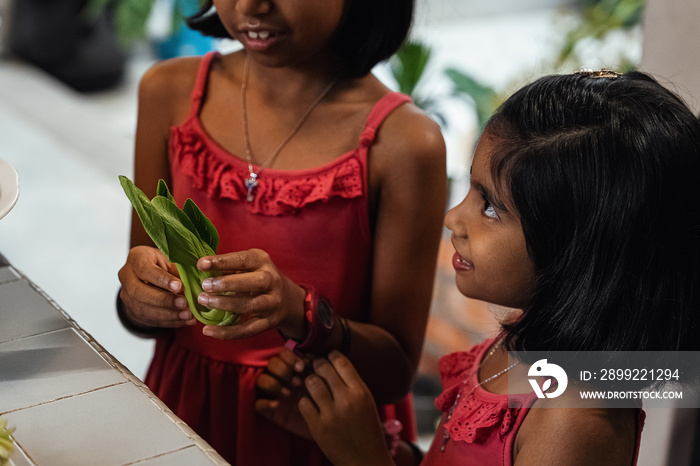 Kids helping their parent cook a healthy meal for the family dinner at home