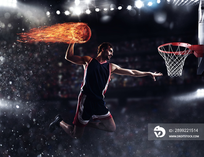 Basket player throws the fireball at the stadium