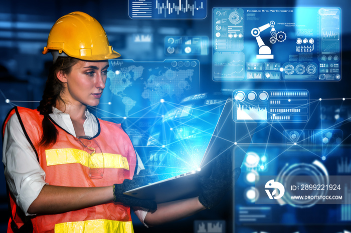 Engineering technology and industry 4.0 smart factory concept with icon graphic showing automation system by using robots and automated machinery controlled via internet network .