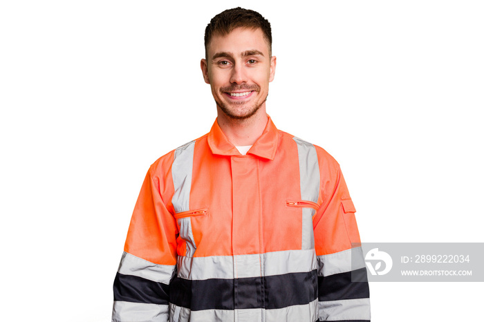 Garbage man cut out isolated happy, smiling and cheerful.