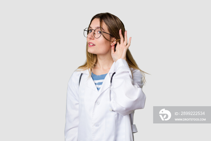 Compassionate female physician with a stethoscope around her neck, ready to diagnose and care for her patients in her signature white coat trying to listening a gossip.