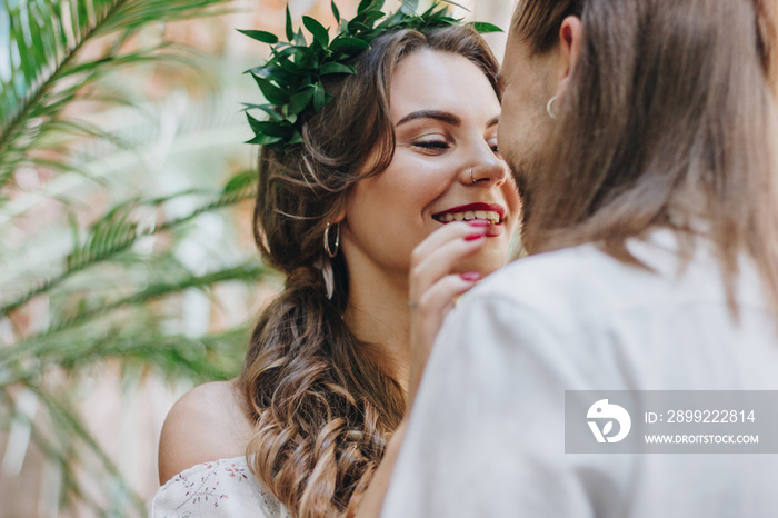 Beautiful couple in botanical garden