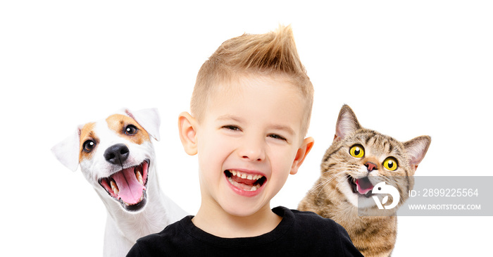 Portrait of happy smiling boy with a dog Jack Russell Terrier and a cat Scottish Straight, closeup, isolated on white background