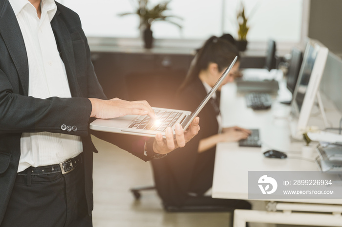 manager touch laptop computer over office business employee for monitor and command control company concept