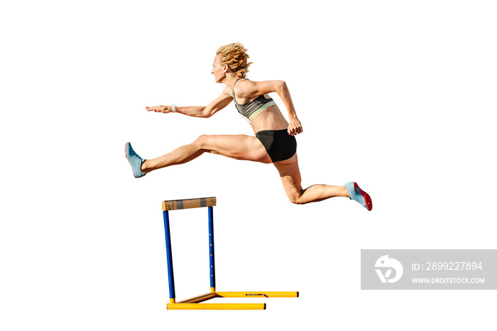 woman runner running hurdles isolated