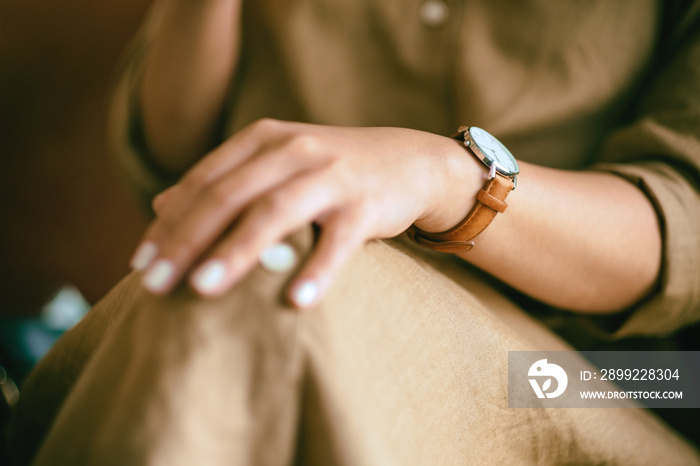 Closeup image of a woman sitting with feeling relaxed