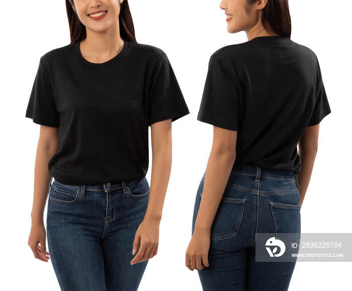 Young woman in black T shirt mockup isolated on white background with clipping path.