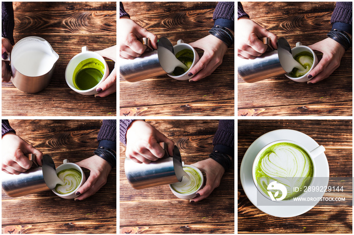 Set of making matcha tea cappuccino