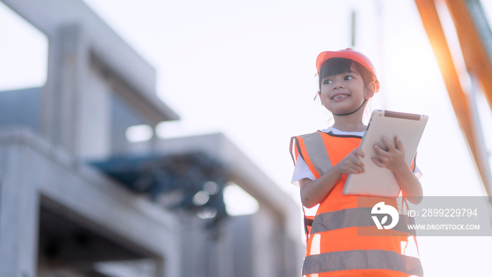 A little Asian girl acting the role of a construction engineer and architect with a safety helmet on her head, on a construction site use laptop or tablet