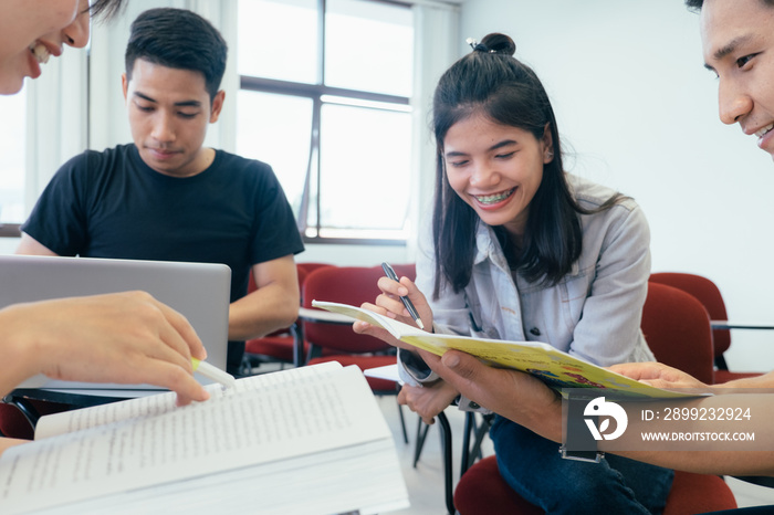 Small university students group study and discussion together.