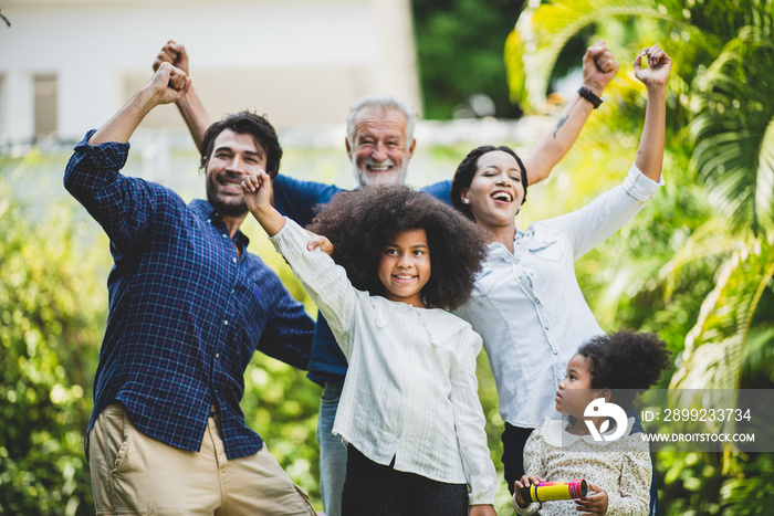 big family group with children and parent many generation meeting at home. mother father and senior grandfather having relax and happy together with daughter kid