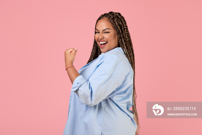 Joyful African American Woman Gesturing Yes In Joy, Pink Background