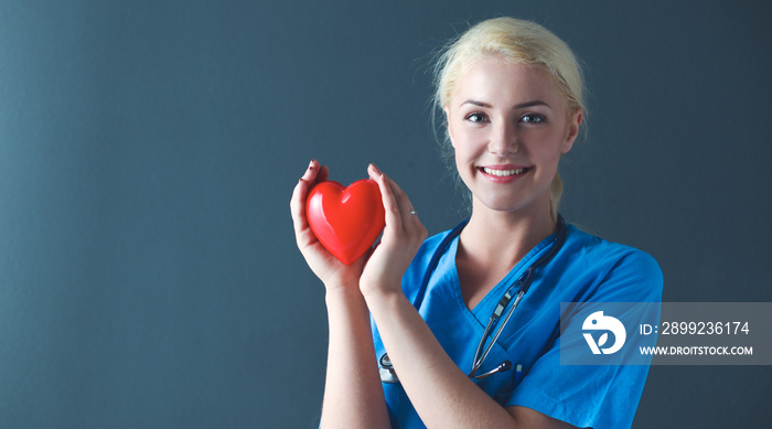 Doctor with stethoscope holding heart, isolated on grey background