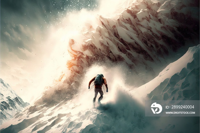 A snowboarder skiing down the mountain on an avalanche, as a very extreme sports challenge, with a lot of action on the scene