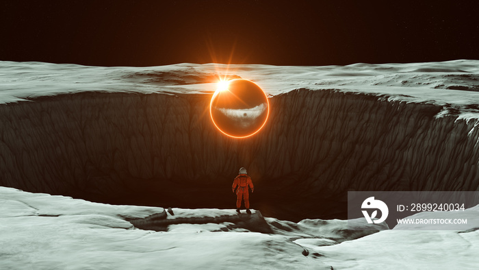 Orange Spaceman Spacewoman With Large Alien Silver Sphere Glowing Orange Crater on the Moon Sci Fi Astronaut Cosmonaut Moonscape Lens Flare 3d illustration render