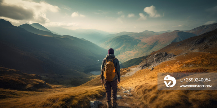 hiker, trekking in the mountains with backpack, beautiful lendscape, panorama