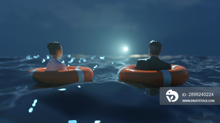 two people are floating on the rescue buoys in the night