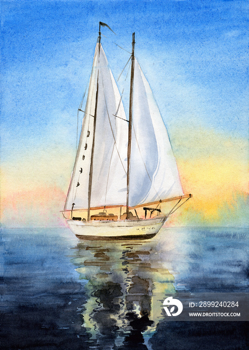 Watercolor illustration of sailing boat with white sails reflecting in the dark blue sea against the backdrop of the sunset sky