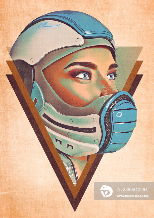 comic woman in a sci fi outfit doing id profile  vintage poster background