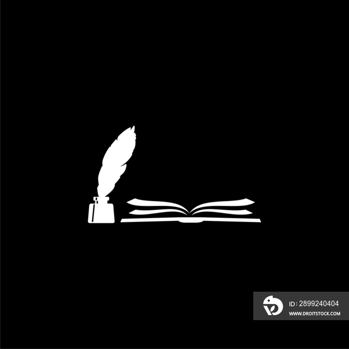 Quill, open book, classic stationery logo design icon isolated on black background.