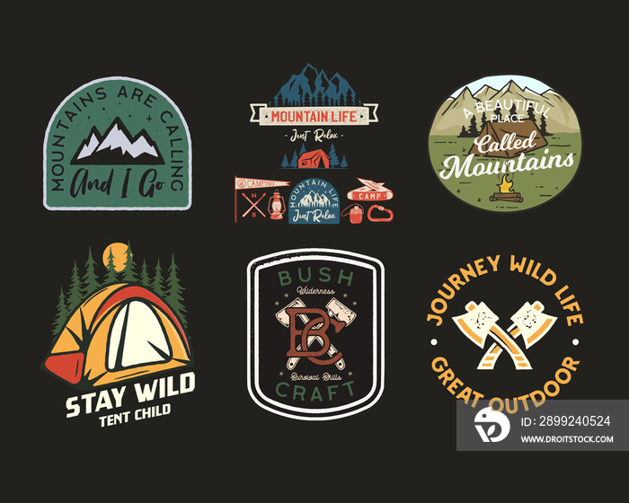 Vintage camp patches logos, mountain badges set. Hand drawn stickers designs bundle. Travel expedition, backpacking labels. Outdoor adventure emblems. Logotypes collection. Stock .