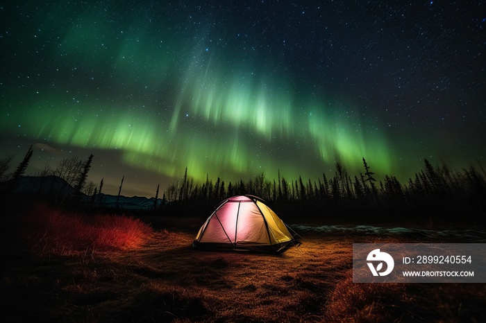 Glowing camping tent under Aurora Borealis, Northern Lights