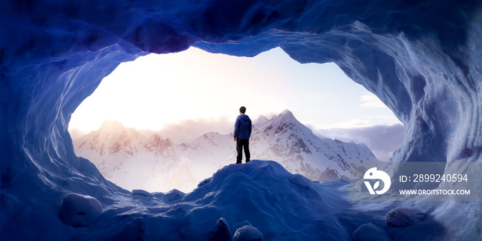 Adventurous Man Hiker standing in an ice cave with rocky mountains in background. Adventure Composite. 3d Rendering Peak. Aerial Image of landscape from British Columbia, Canada. Sunset Cloudy Sky