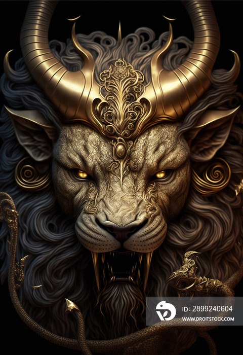 golden lion statue, golden lion head, lion statue, beast with a lion’s head and dragon horns, a lion warrior, on a black background