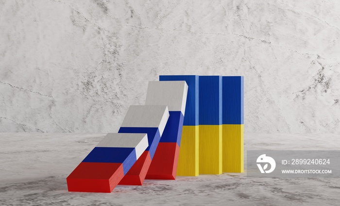 Dominoes with the flags of Ukraine and Russia falling on each other. The Ukrainian-Russian conflict, Russia’s invasion of Ukraine. War between States. 3d render, 3d illustrator.