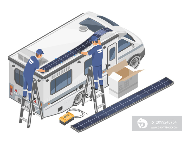 RV Recreational vehicle Flexible Solar Panels Film install service on Roof Technician installation service illustration isometric isolated