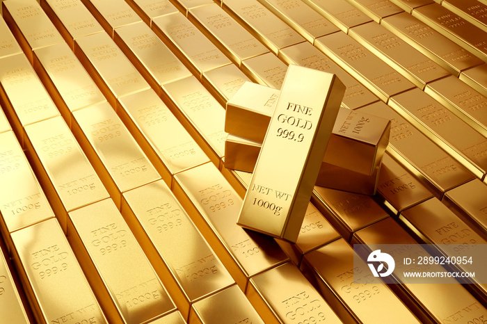 Beautiful of Shiny Bullion. Gold trading and Marketing strategy concept. 3D rendering.