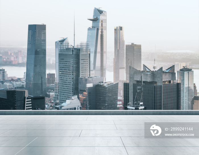 Empty concrete rooftop on the background of a beautiful New York city skyline at sunset, mock up