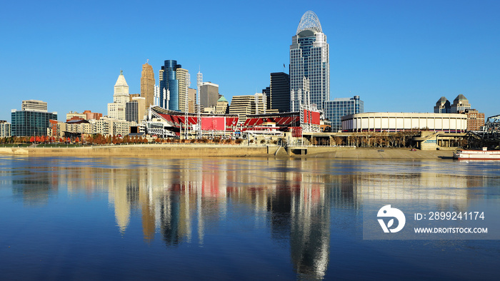 View Cincinnati skyline with Ohio River reflections